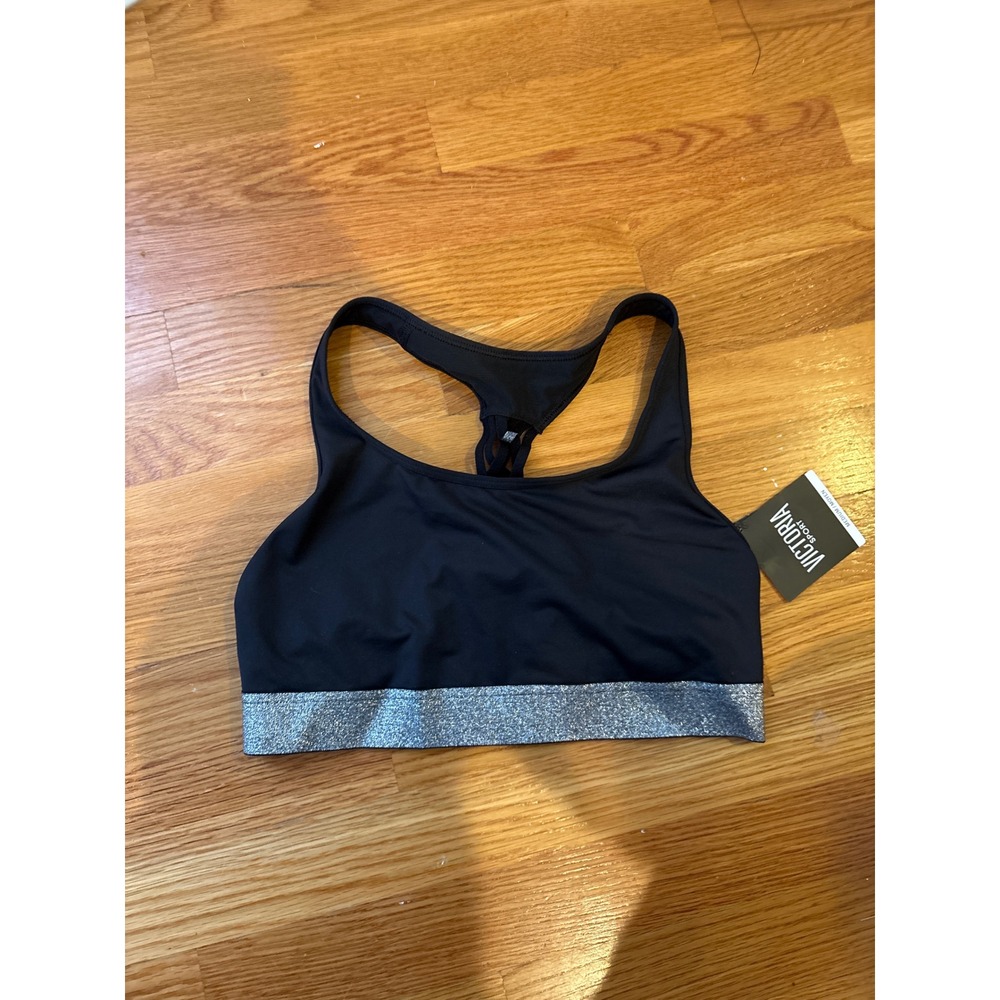 NWT Victoria Sport Black Glitter‎ Band Sports Bra Racerback M/L